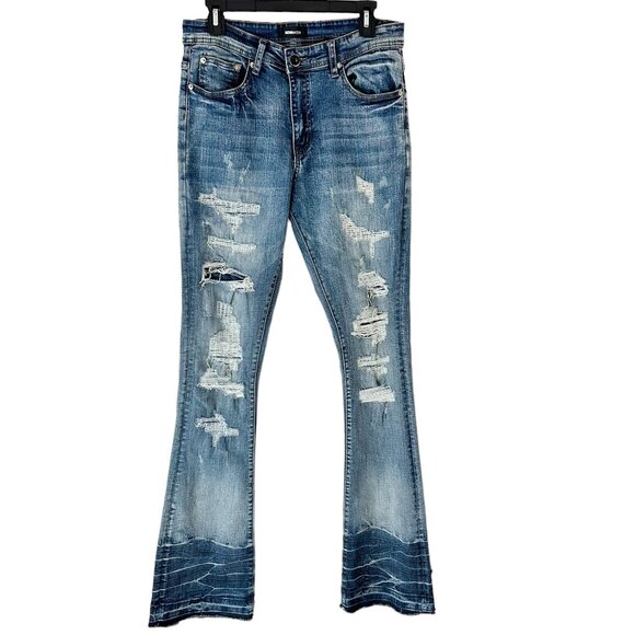 Nova Men Jeans Flare Distressed Wash 30 Blue‎ Denim Excellent Condition! - Picture 1 of 9